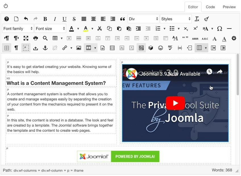 Schermata dell'editor JCE per Joomla