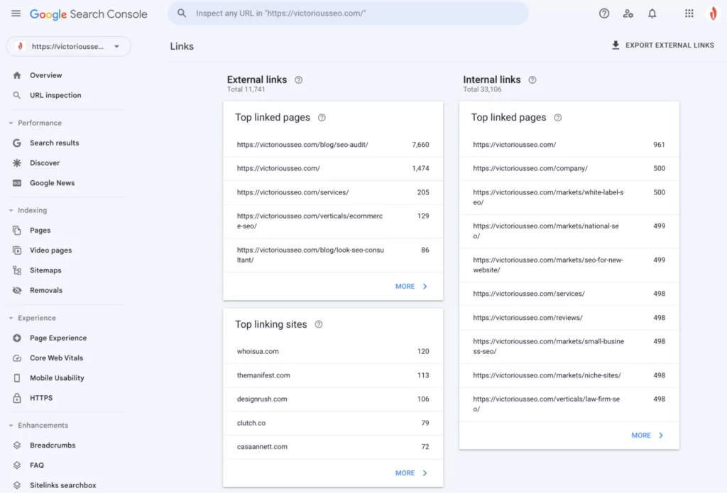 Imagem das ferramentas de análise de links do Google Search Console