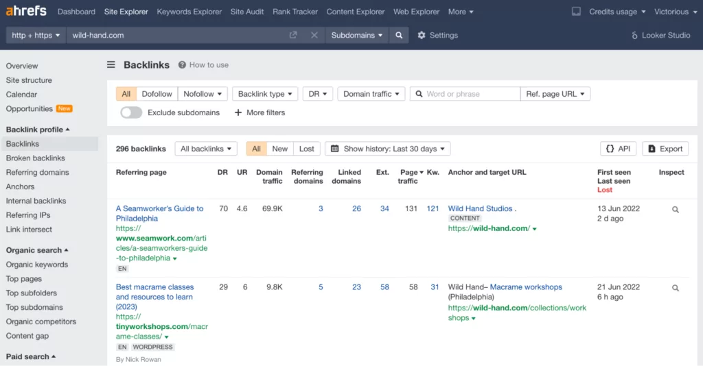 Uma captura de tela do painel de backlinks do ahrefs