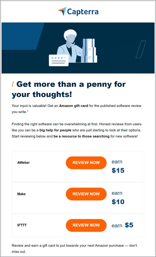 在 capterra 上评论软件即可获得亚马逊礼品卡