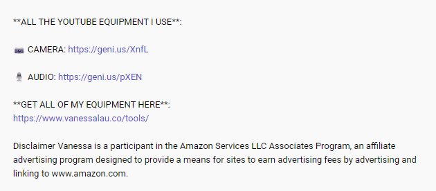 YouTube の説明にあるアフィリエイト マーケティングのスクリーンショット