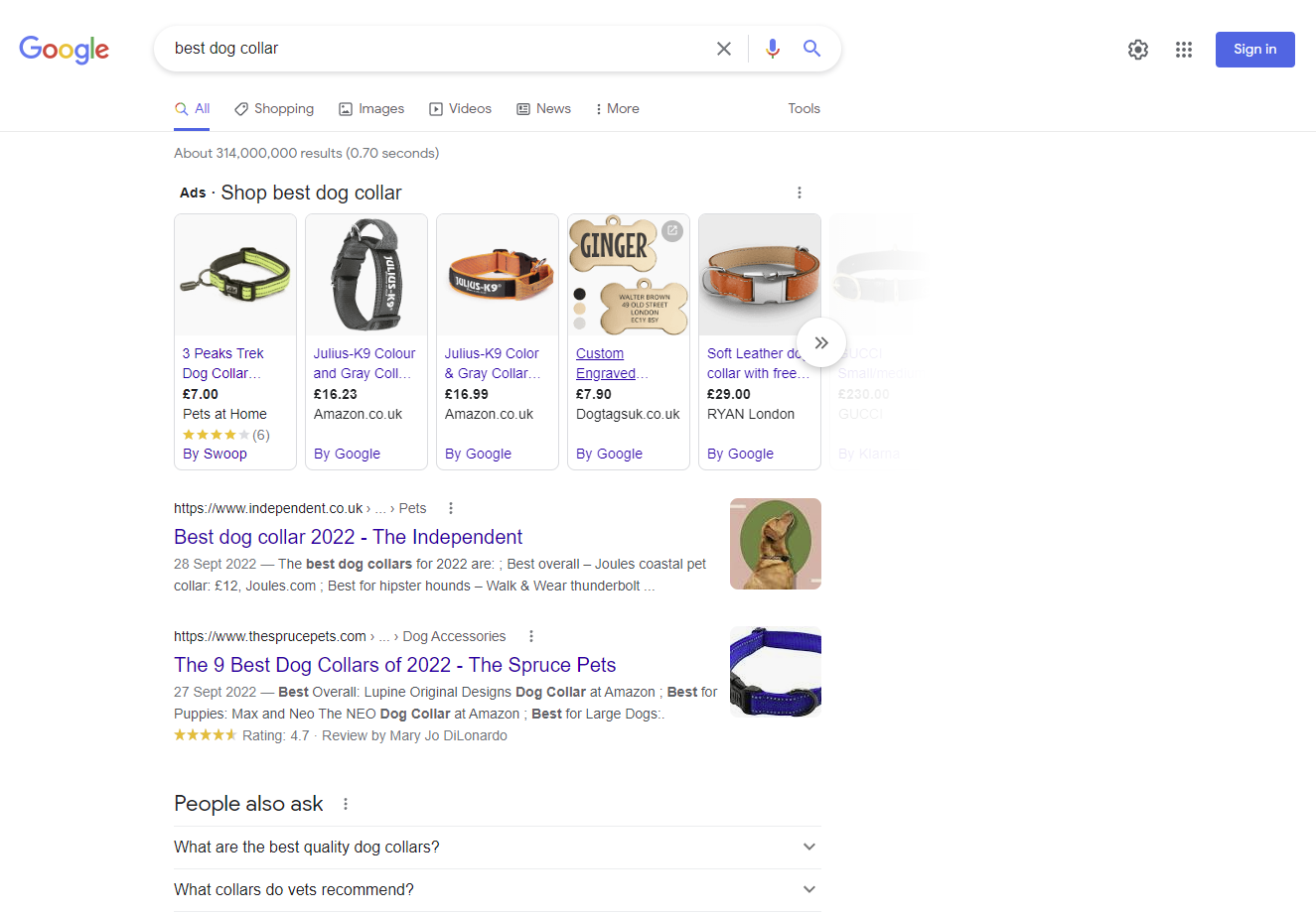 「最高の犬の首輪」の Google 検索のスクリーンショット