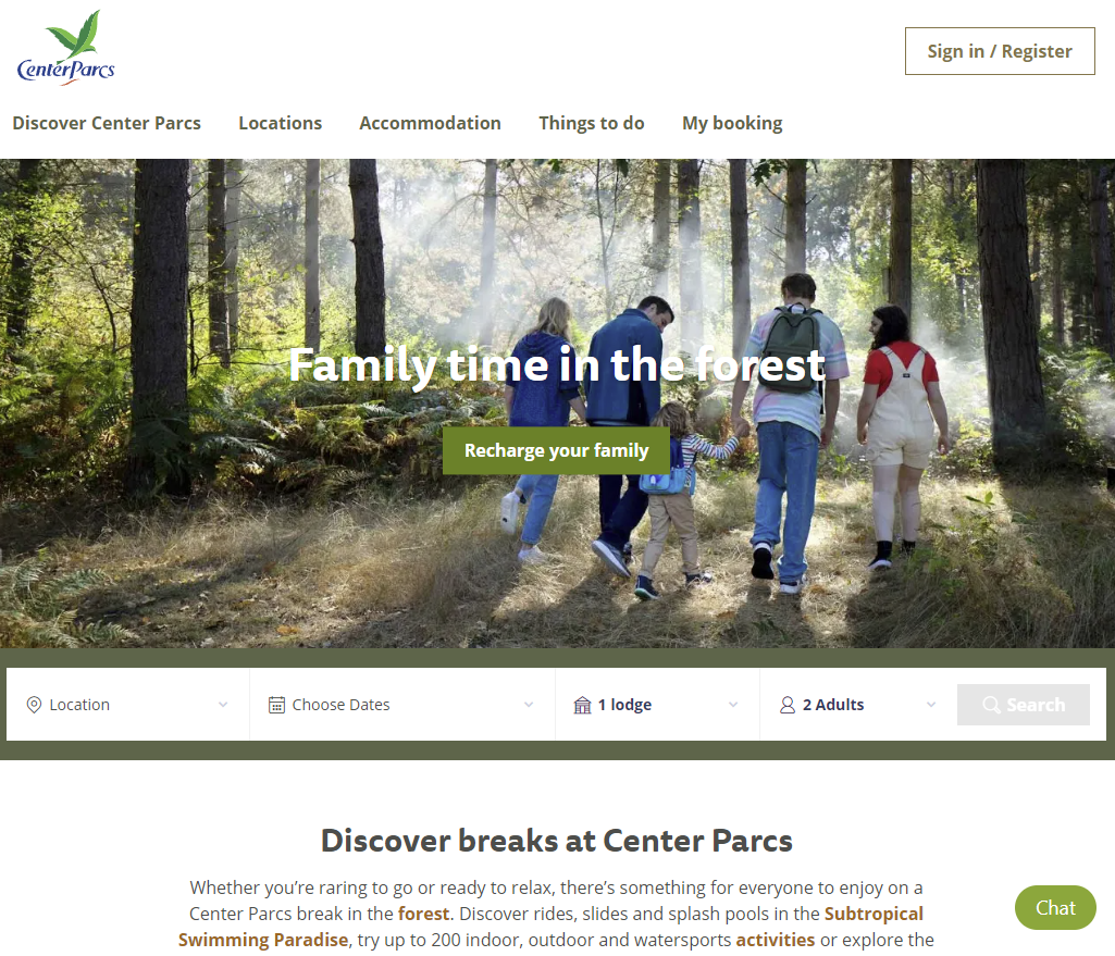 Center Parcs Web サイトのスクリーンショット