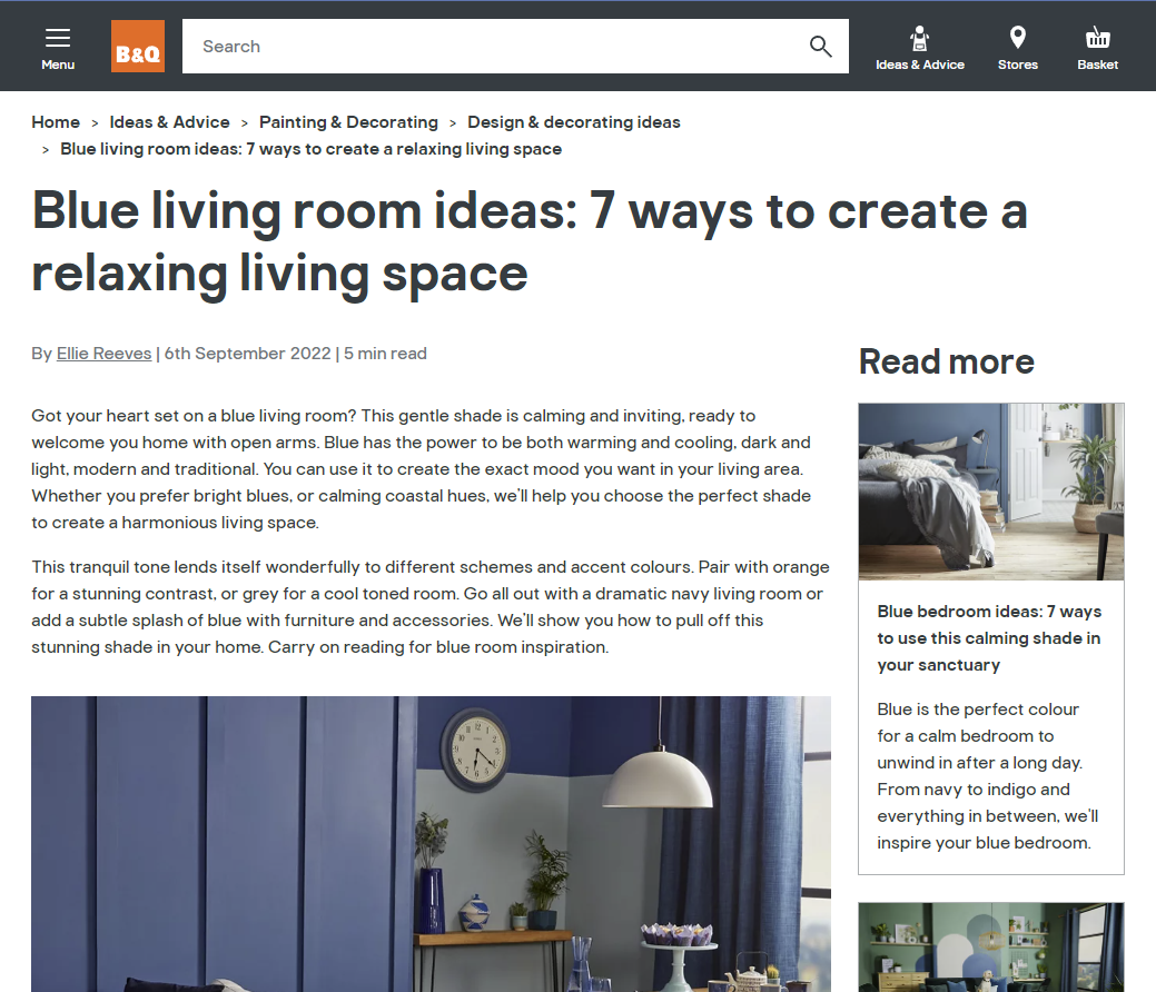 B&Q Web サイト上のブログのスクリーンショット