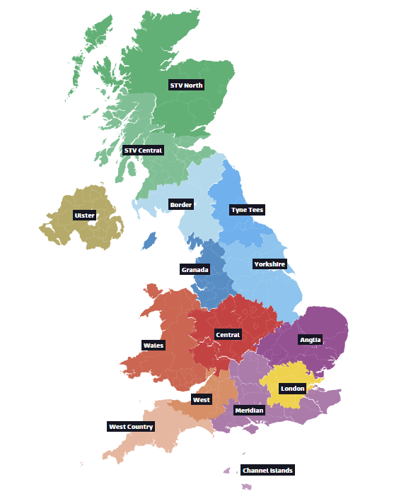 ITV がターゲットを絞った広告を掲載できる地域に分割された英国の地図