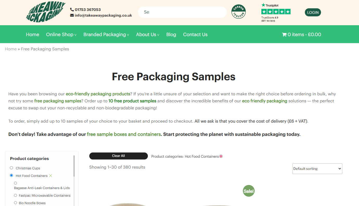 Takeaway Packaging Web サイトの無料サンプルのスクリーンショット