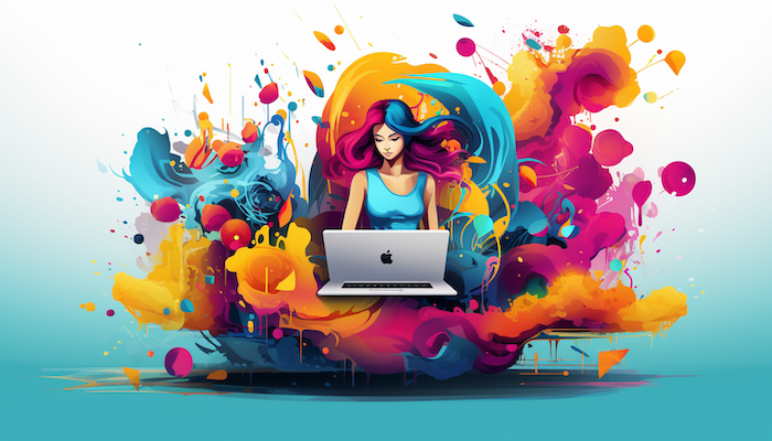 ilustrând conceptul de marketing de brand - fundal colorat în spatele unei femei care lucrează la un laptop Apple