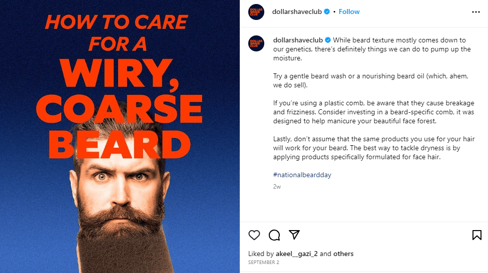 Пост в Instagram от Dollar Shave Club о том, как ухаживать за жесткой бородой - edutainment