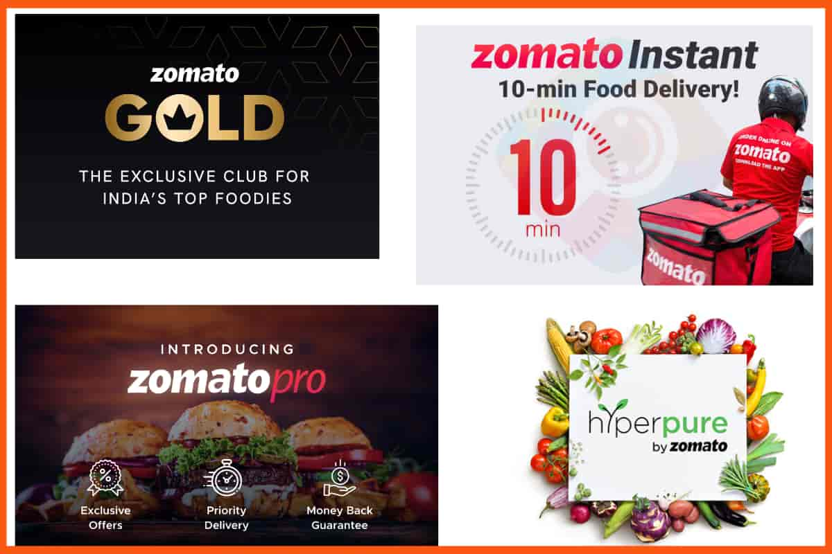 Zomato의 다양한 제품 - Zomato Gold, Zomato Instant, Zomato Pro, Hyperpure