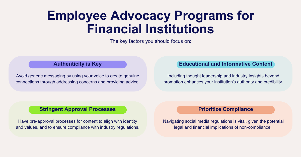 대체 텍스트: 금융 기관을 위한 직원 옹호 프로그램 - 집중해야 할 핵심 요소입니다. 진정성이 핵심입니다. 목소리를 사용하여 문제를 해결하고 조언을 제공함으로써 진정한 관계를 구축함으로써 일반적인 메시지를 피하십시오. 교육적이고 유익한 콘텐츠: 프로모션을 넘어 사고 리더십과 업계 통찰력을 포함하면 기관의 권위와 신뢰성이 향상됩니다. 엄격한 승인 프로세스: 콘텐츠가 정체성과 가치에 부합하고 업계 규정을 준수할 수 있도록 사전 승인 프로세스를 갖추고 있습니다. 규정 준수 우선순위 지정: 규정 위반으로 인한 잠재적인 법적, 재정적 영향을 고려할 때 소셜 미디어 규정을 살펴보는 것이 중요합니다.