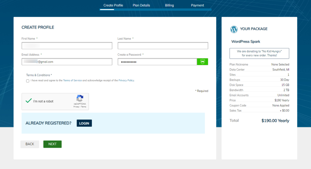 liquid web purchase process - create profile