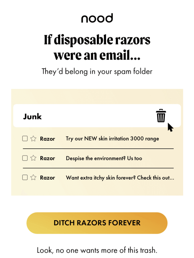 再利用可能なカミソリを宣伝する Nood からのメールのスクリーンショット