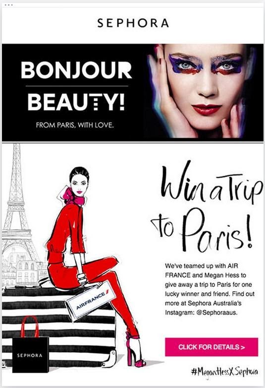 Dengan tawaran untuk memenangkan perjalanan ke Paris, email Sephora menunjukkan bagaimana tawaran hadiah, perjalanan gratis, atau promosi lainnya dapat mempengaruhi pengguna untuk membuka email dan mengambil tindakan.