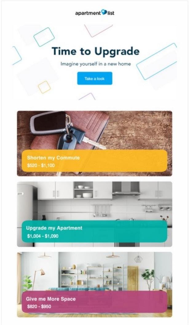 从简单的电子邮件设计开始，并为您的消息中的关键功能添加流行语气。看看这个来自公寓列表的例子。