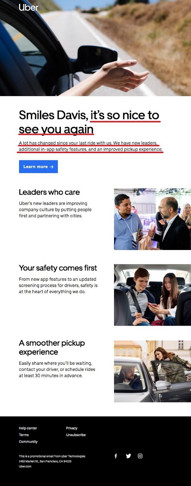 Ejemplo de correo electrónico de Uber