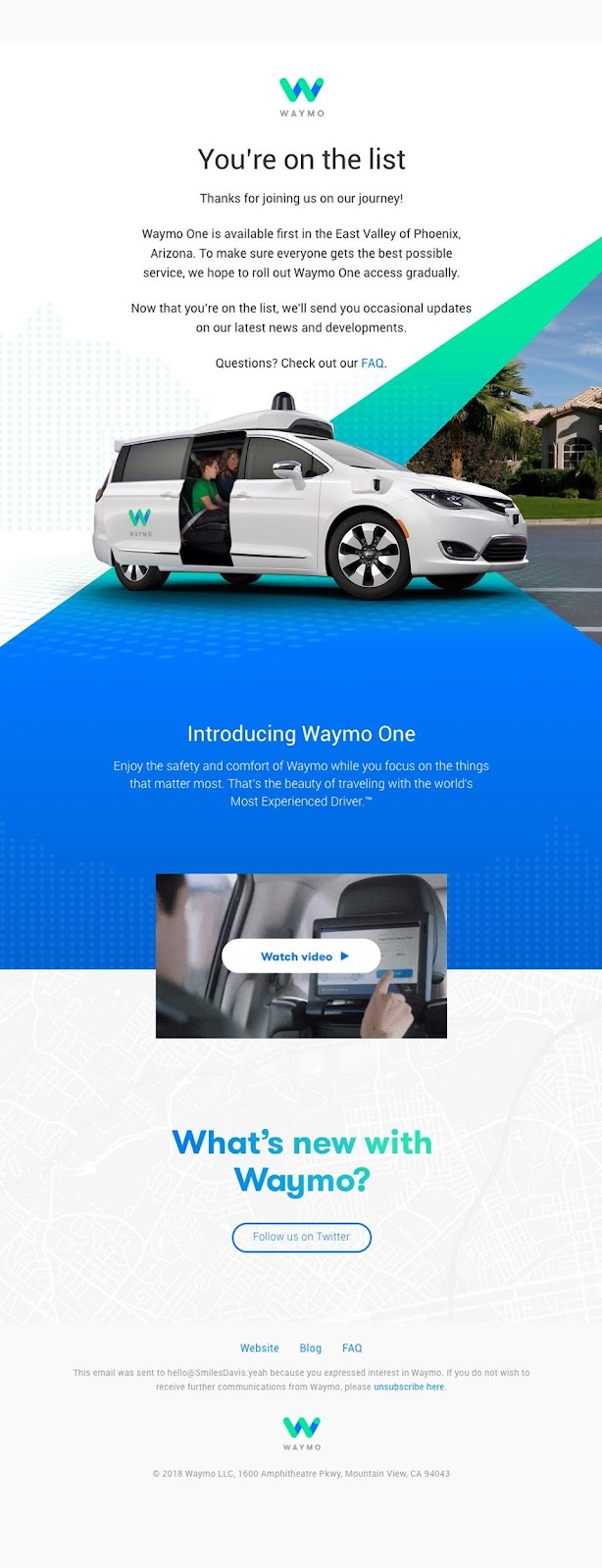 Waymo 欢迎电子邮件示例