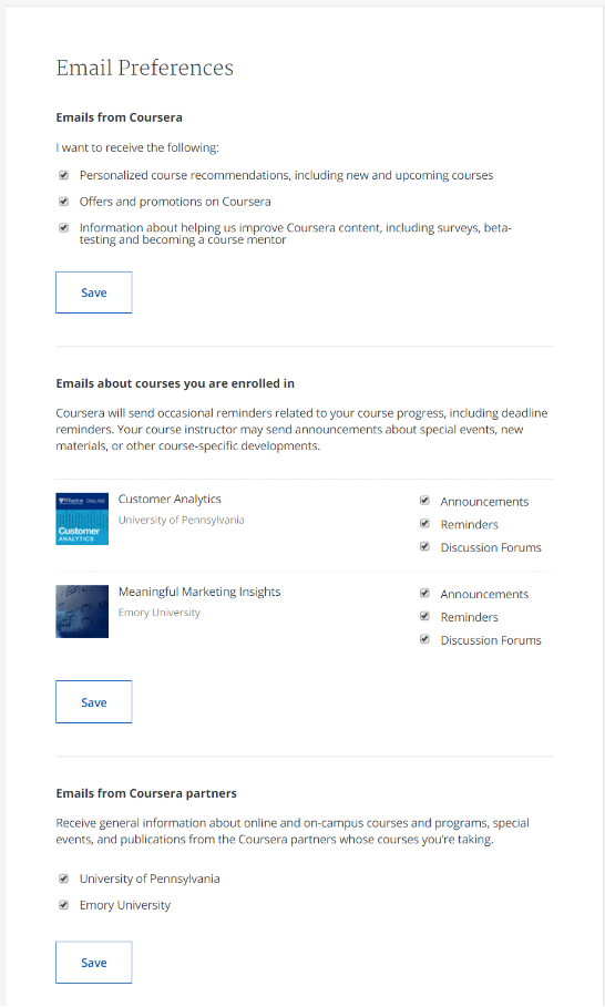 Coursera 的偏好中心示例